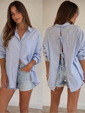 American Eagle Blue Stripe Open Back Tie Shirt 🌿 NWT Size Small